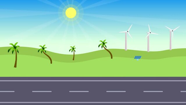 Electric car charging using natural power system 4K animation. Natural power supply and electricity production from windmills and solar panel 4K footage. Car charging from natural power animation.