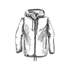 Waterproof jacket for hiking, retro black and white hand drawn illustration. © Natalya Levish