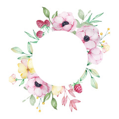 Watercolor round frame of pink anemones