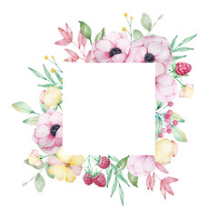 Watercolor square frame of pink anemones