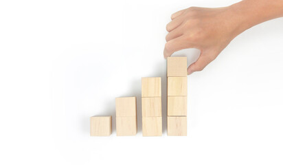 Business connecting piece of multi wood chart blocks steps in hand