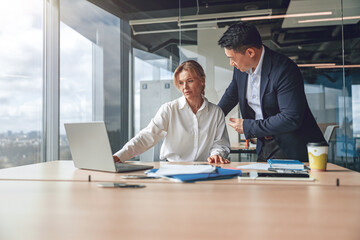 Two confident employees. Working with smile on face together using laptop at the office.