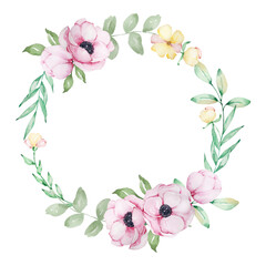 Watercolor wreath of pink anemones