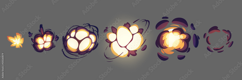 Poster cartoon bomb explosion storyboard. smoke clouds, boom animation effect, sprite sheet sequence frame 