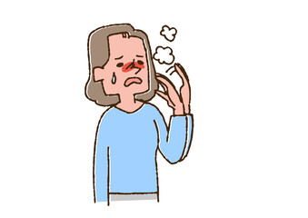 火照りを感じている女性　コミカルな手書きの人物　ベクター、温かみのある線画