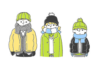厚着をしている人々のセット　コミカルな手書きの人物　ベクター、温かみのある線画