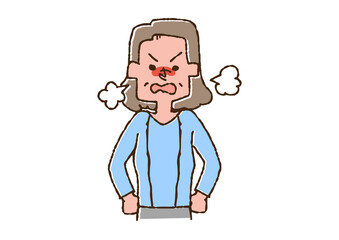 怒りっぽい性格の中年女性　コミカルな手書きの人物　ベクター、温かみのある線画