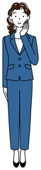 顔を触りながら前向きに決策を考えているスーツ姿の可愛い女性 全身 立ち姿 イラスト ベクター