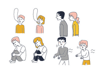 
落ち込んだり精神的に参っている人々のセット　コミカルな手書きの人物　ベクター、温かみのある線画
