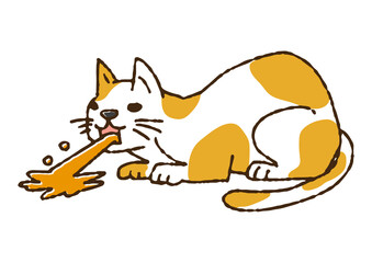 ゲロを吐いた猫　コミカルな手書きの人物　ベクター、温かみのある線画