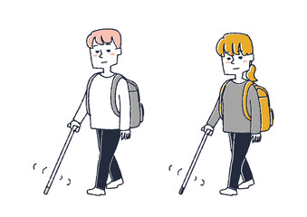 白杖を使って外を歩いている人々のセット　コミカルな手書きの人物　ベクター、温かみのある線画