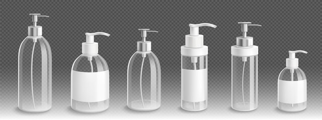 Transparent pump bottles for liquid soap or lotion 3d vector mockup. Isolated empty glass or plastic containers, blank packages with dispenser for bath or toilet cosmetics, Realistic mock up set