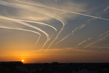Aircraft tracks in the sky. Foreign planes fly over Russia and Ukraine over Kazakhstan. New air...