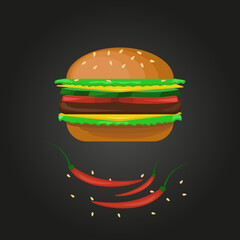 Humburger with cheese, tomato and salad lettuce. Vector llustration burger