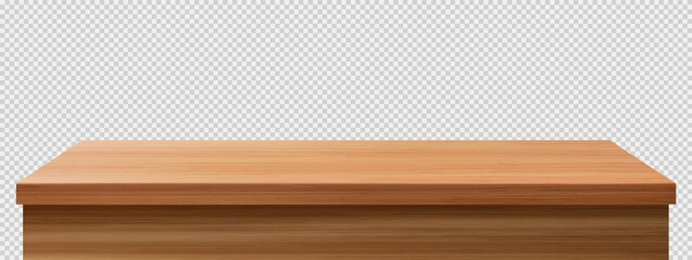 Fototapeta Wooden table foreground, tabletop front view, brown rustic countertop of wood surface. Retro dining desk or plank texture isolated on transparent background, realistic 3d vector mock up obraz