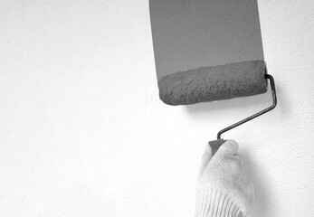 Male hand painting wall with paint roller. Renovating with white color paint. 