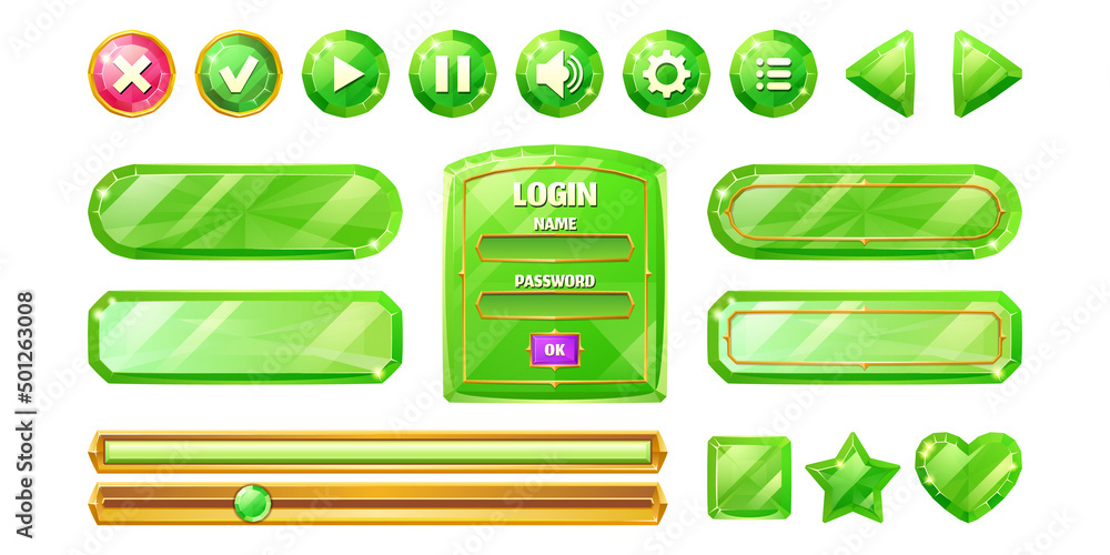 Poster diamond game menu interface, green crystal ui buttons. cartoon glossy gui elements, progress bar, us