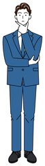 真剣に決策を考えているスーツ姿の可愛い男性 全身 立ち姿 イラスト ベクター