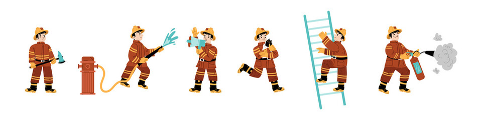 Set of fire fighters kid in uniform fighting with blaze. Boy fireman holding ladder, extinguisher, water hose and axe. Child character save kitten, yell to loudspeaker Linear flat vector illustration