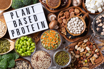Variety of vegan, plant based protein food, legumes, lentils, beans