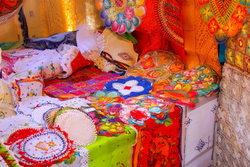 Display of nanduti at the street market in Asuncion, Paraguay - obrazy, fototapety, plakaty