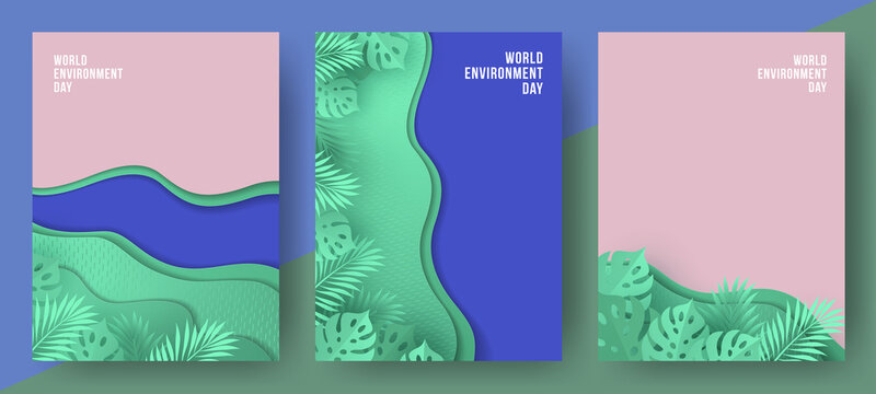 World Environment Day posters, covers set in minimalist design with paper cut tropical leaves and plants, grass, ocean or river in green, blue and pink colors. Ecology concept of protecting nature