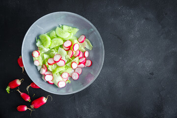 salad radish vegetable  cucumber, lettuce leaf fresh healthy meal food snack on the table copy space food background