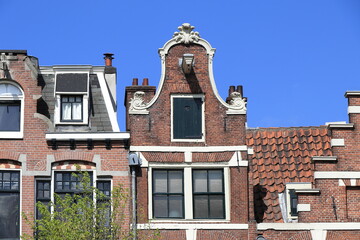 Amsterdam Prinsengracht Canal Historic Brick House Facade with Bell Gable Close Up, Netherlands