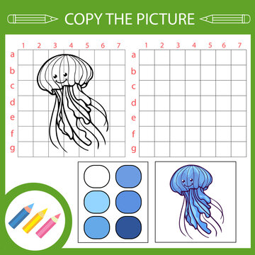 Copy drawing of Jellyfish. Kids worksheet and activity page. Children draw funny riddle. Education game with sea animals. Children art lesson. 