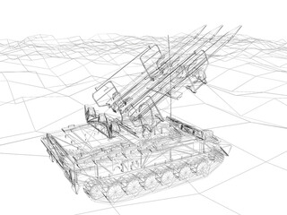 battle tank on sand wire frame ,3d rendering