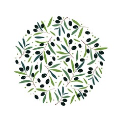 Round frame from olive branches. Vector template for logo, label, card, invitation, banner or poster for essential oil products or organic cosmetics.