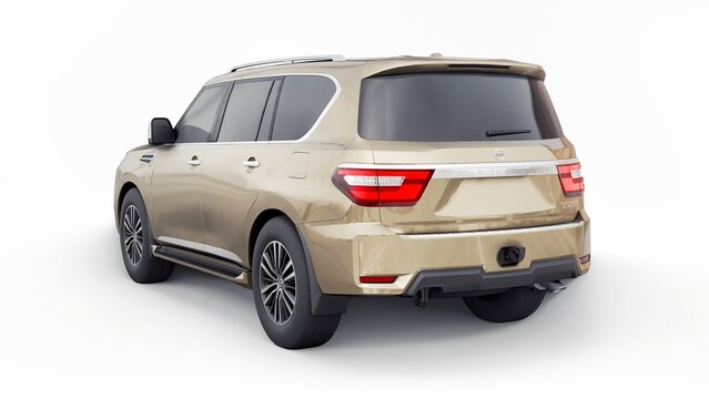 Paris, France. January 30, 2022: Nissan Patrol 2021 beige Premium Family SUV car isolated on white background. 3d rendering