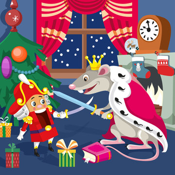 Nutcracker and Mouse King at Christmas night. Cute cartoon characters in room. Picture for children games, posters, puzzles. Activity, vector illustration.