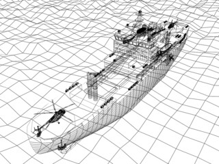 warship 3d wire frame on the sea