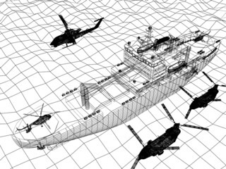 warship with helicopter 3d wire frame on the sea © Suwatchai