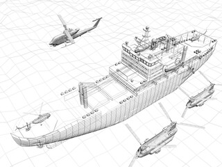 warship with helicopter 3d wire frame on the sea © Suwatchai