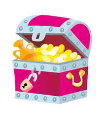 Obraz premium Chest with gold and items on white background. Cartoon picture. Isolated color object icon for design of games, posters, books. Vector full color illustration.