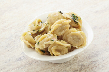 Russian boiled dumplings with meat