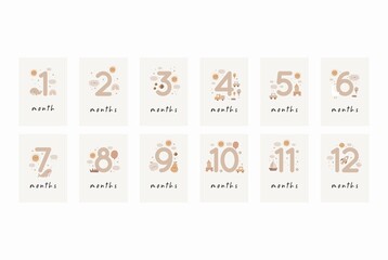 Cute cartoon Bohemian nursery print. Boho vector print for baby. Baby first year Milstone cards. Cute cards with sun, rainbow, cloud, bee, star