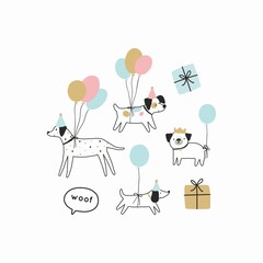 Happy Birthday my dear dog. Cute Cartoon pet Birthday card. Cute dog and baloon in flat style
