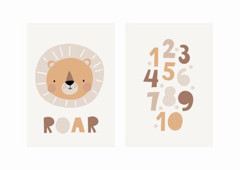 Cute cartoon Bohemian nursery posters. Boho vector print for wall decor in children's bedroom. Cute characters and hand drawn lettering quote. Lion and numbers