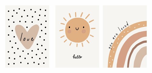 Cute cartoon Bohemian nursery posters. Boho vector print for wall decor in children's bedroom. Cute characters and hand drawn lettering quote. Sun, rainbow, heart