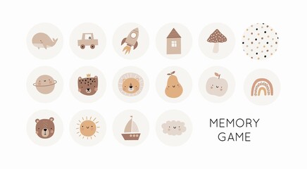 Cute cartoon Memory game. Boho vector print children. Cartoon sticker with cute rocket, bear, lion, rainbow car, sun, pear, ship