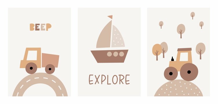 Cute cartoon Bohemian nursery posters. Boho vector print for wall decor in children's bedroom. Cute characters and hand drawn lettering quote. Truck, ship, Tractor