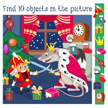 Find 10 hidden objects. Educational game for children. Nutcracker and Mouse King at Christmas night. Cute cartoon characters in room. Activity, vector illustration. 