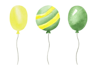 Green and yellow balloons in watercolor style, holiday and party, decorations isolated on a white background. Set of vectors