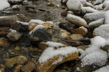 A stream in the snow in winter.