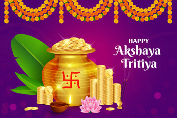 Gold coin in Kalash for Happy Akshaya Tritiya Festival