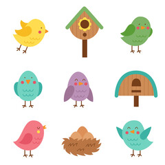 Cute cartoon spring birds and birdhouses on white background.