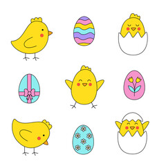 Cute cartoon Easter birds and Easter eggs on white background.